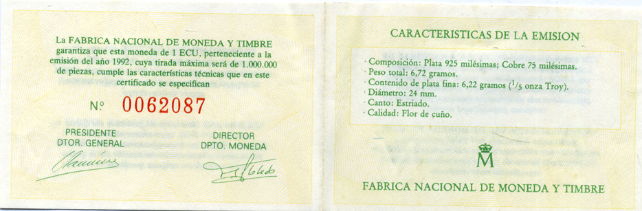 Испания 1 экю 1992 Мадрид - столица европейской культуры в оригинальной деревянной коробке, с сертификатом X M8 серебро  PROOF  4-3-1-08