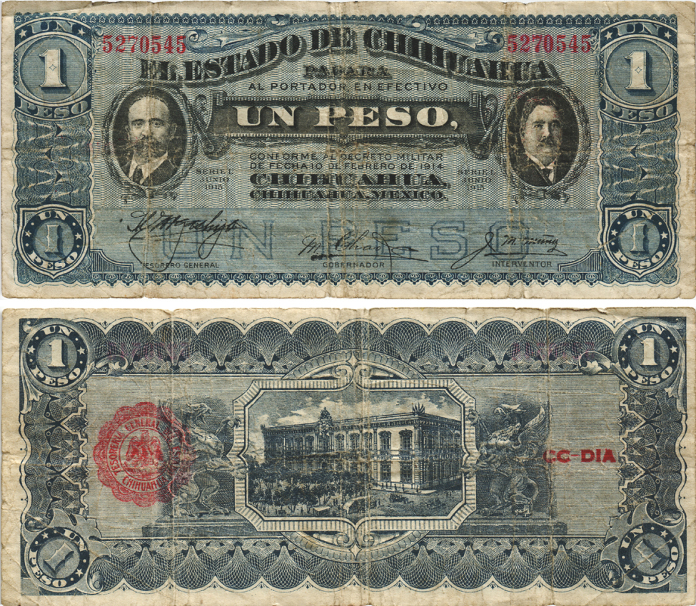 Мексика, Революция 1 песо 1915 штат Чиуауа, красная зубчатая печать, узкие головы Pick S530b бумага 6278-34-1
