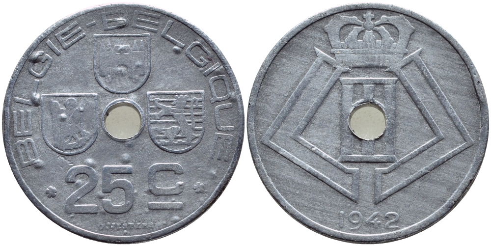 БЕЛЬГИЯ 25 САНТИМОВ 1942 BELGIE-BELGIQUE, ГЕРМАНСКАЯ ОККУПАЦИЯ, ВТОРАЯ МИРОВАЯ ВОЙНА KM 132 цинк 86-1041