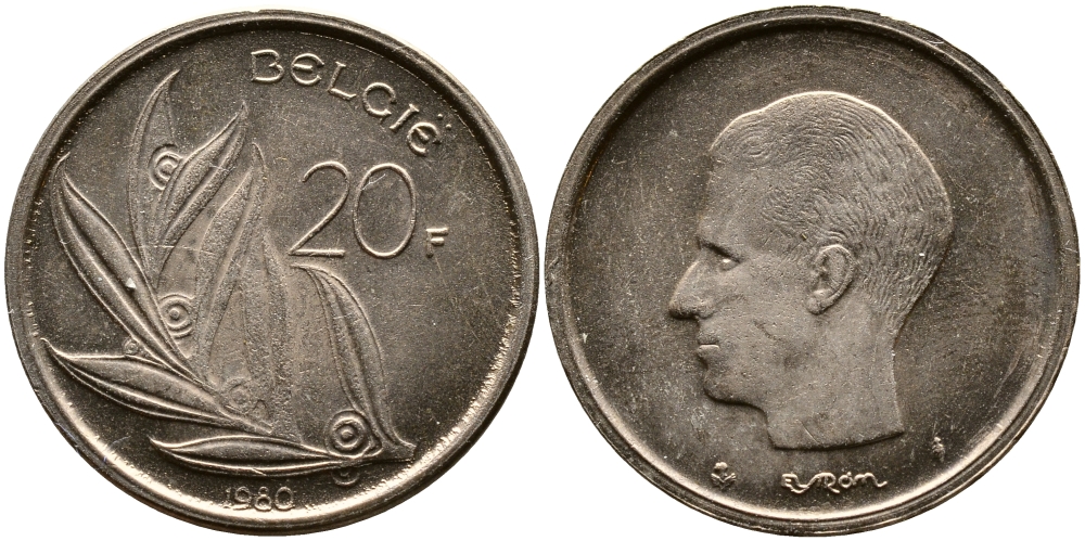 БЕЛЬГИЯ 20 ФРАНКОВ 1980 BELGIE, БОДУЭН I (1951-1993) KM 160 никель бронза 4388-1226