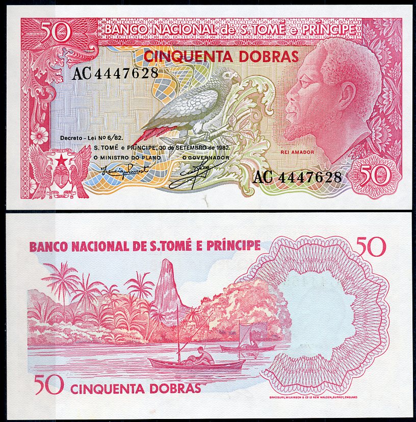 Сан-Томе и Принсипи 50 добра 1982 Король Рей Амадор, попугай, разрушенный вулкан Pick 56 a  бумага  UNC (пресс) 7200-6-2