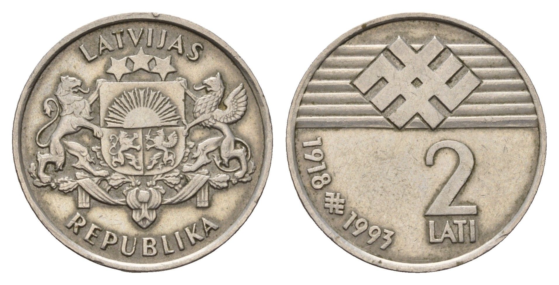 Латвия 2 лата 1993 75 лет Латвийской республике KM 18 медно-никель 4666-412