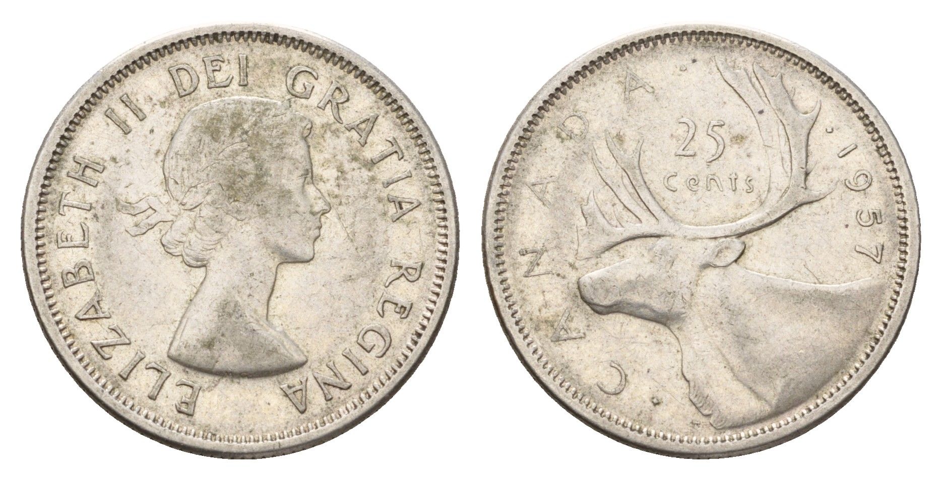 Канада 25 центов 1957 Елизавета II (1952-2022), олень KM 52 серебро 181-344