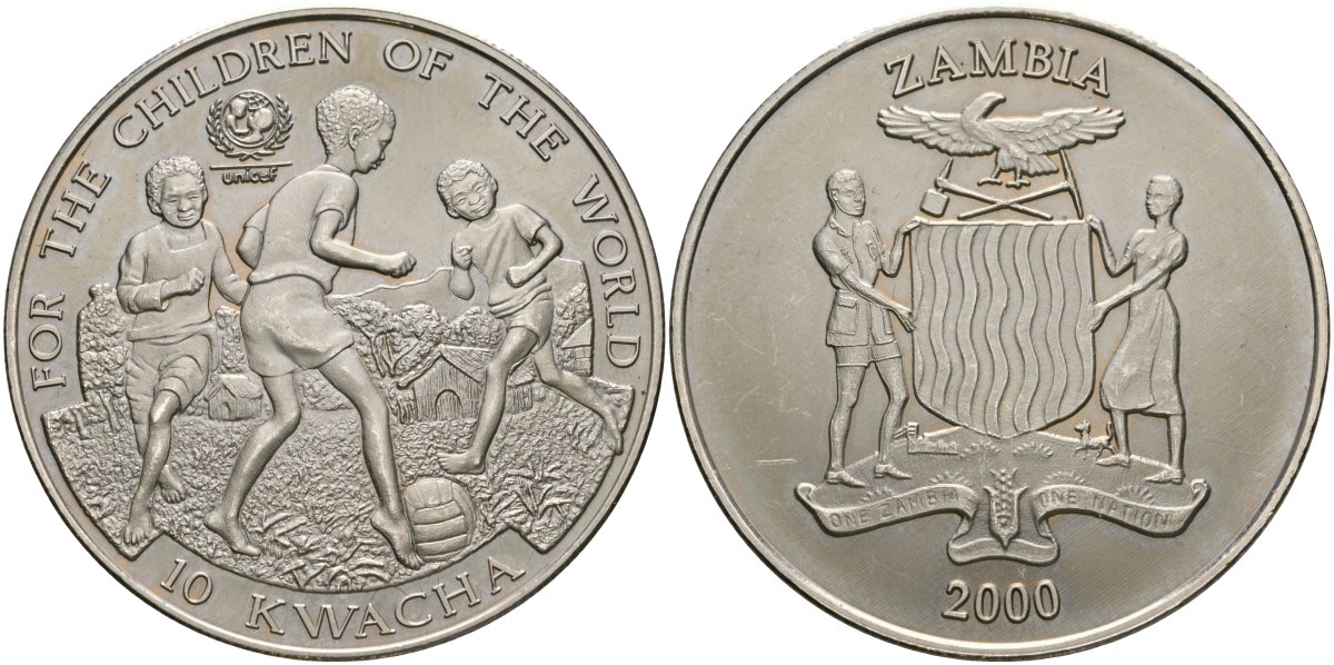 Замбия 10 квача 2000 ЮНИСЕФ, дети играют в футбол KM 119 медно-никель UNC 4552-735