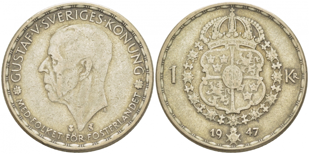 Швеция 1 крона 1947 TS, Густав V (1907-1950) KM 814 серебро 3718-622