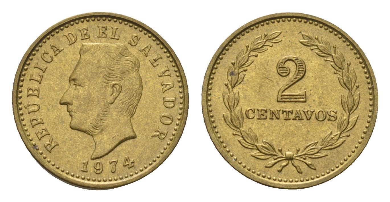 Сальвадор 2 сентаво 1974 год-тип KM 147 никель латунь UNC 4696-1051