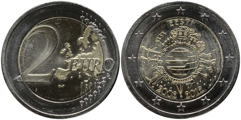 Эстония 2 евро 2012 10 лет монетарной политике и наличному евро KM 70 биметалл UNC 115-933