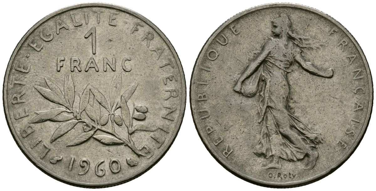 Франция 1 франк 1960 сеятель KM 925 никель 4135-813