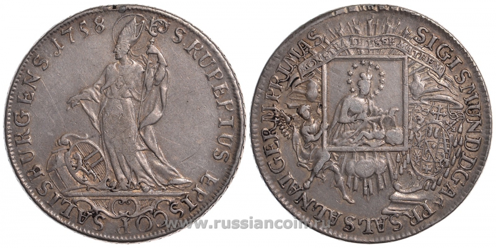 Австрия, Зальцбург 1 талер 1758 Зигмунд фон Шраттенбах (1753-1771), святой Руперт Dav. 1250, Zottl 2972 серебро 00-806-14