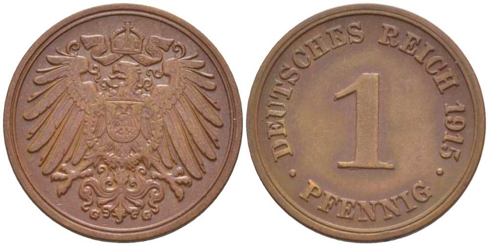 ГЕРМАНИЯ 1 ПФЕННИГ 1915 G KM 10, J. 10, Weege 2 медь 206-443