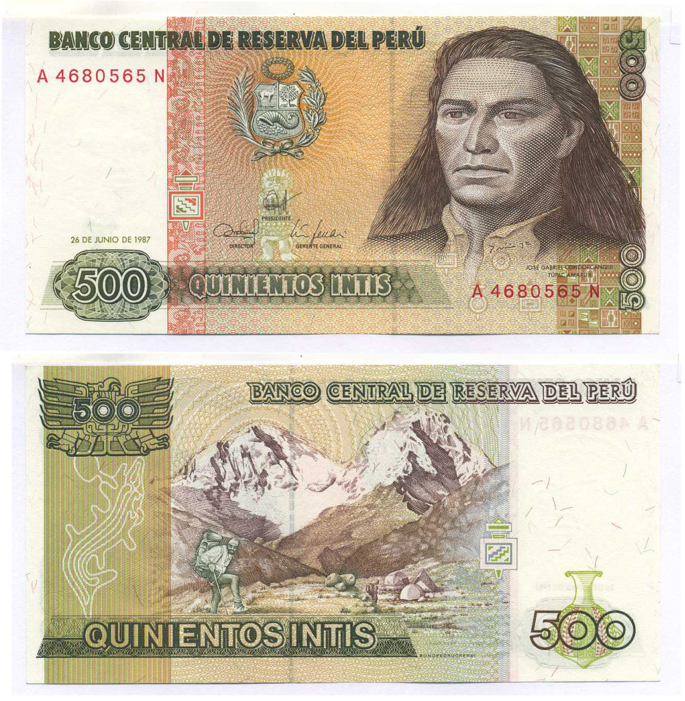 Перу 500 инти 1987 Хосе Габриель, Тупак Амару II, южноамериканский революционер, организатор восстания коренных народов против испанских колониальных властей в перу, альпинисты на восхождении Pick 134b бумага UNC (пресс) 8595-20-1-1