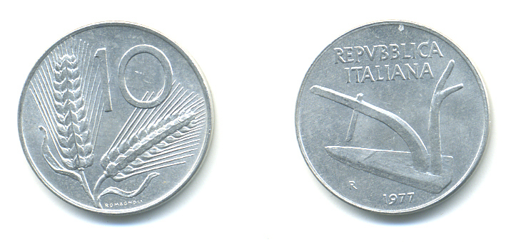 Италия 10 лир 1977 R, колосья, плуг KM 93 алюминий 3999-1247