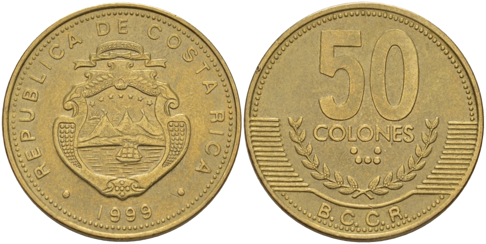 КОСТА-РИКА 50 КОЛОН 1999 KM 231.1 латунь 82-213