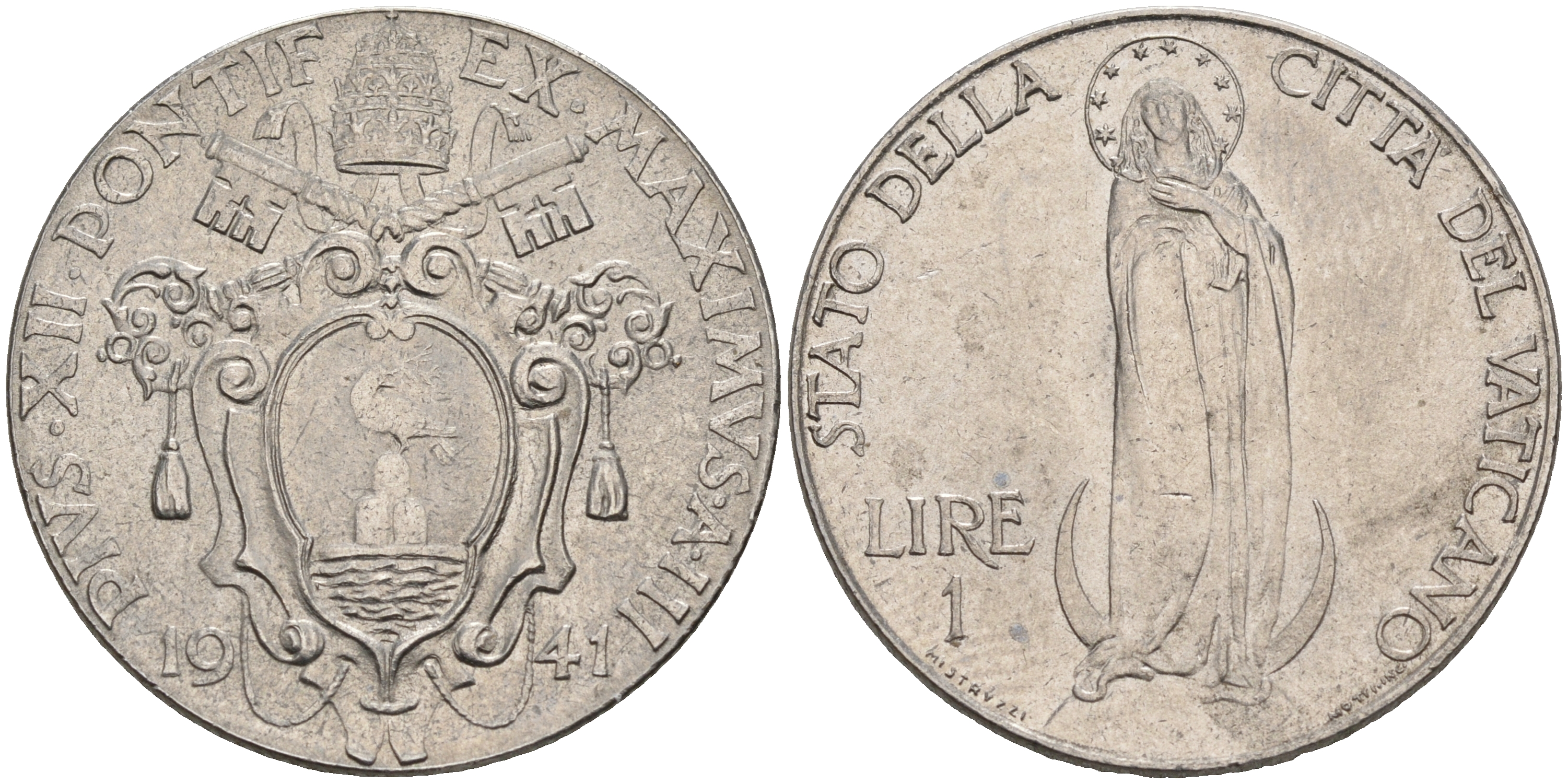 Ватикан 1 лира 1941 Пий XII, Дева Мария KM 26 a сталь UNC 63-832