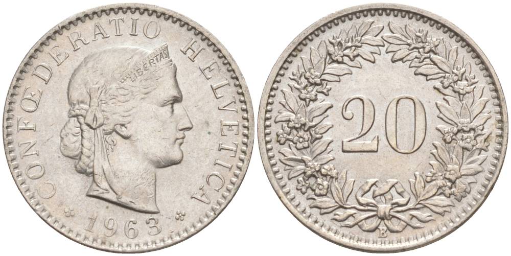 ШВЕЙЦАРИЯ 20 РАППЕНОВ 1963 В KM 29a медно-никель 55-831