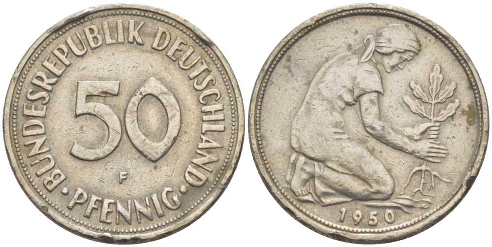 ФРГ 50 ПФЕННИГОВ 1950 F KM 109.1, J. 384 медно-никель 75-468