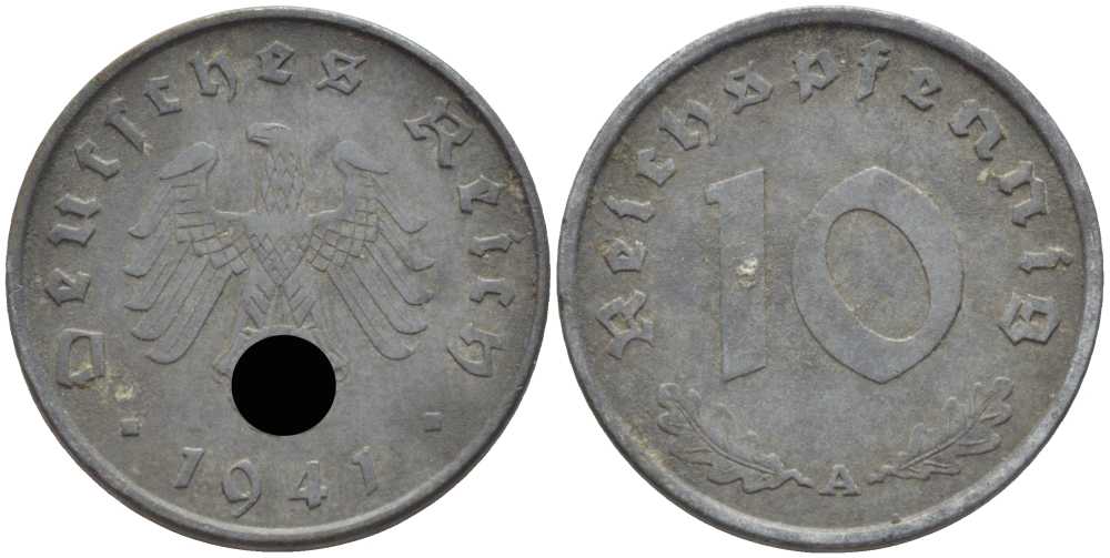 ГЕРМАНИЯ 10 РЕЙХСПФЕННИГОВ 1941 А KM 101, J. 371 цинк 4401-721