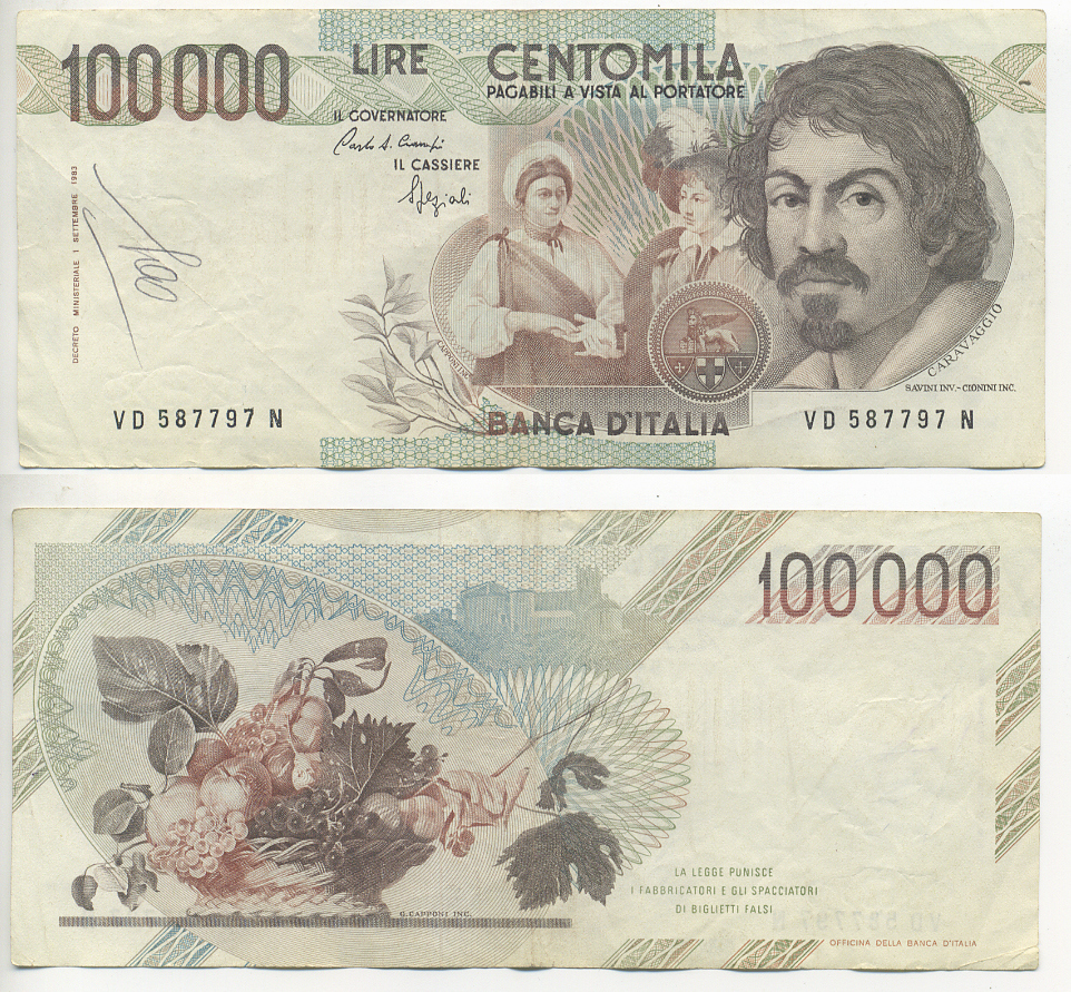 Италия 100000 лир 1983 Караваджо, фруктовый букет, подпись Stevani Pick 110а бумага 7220-4-3