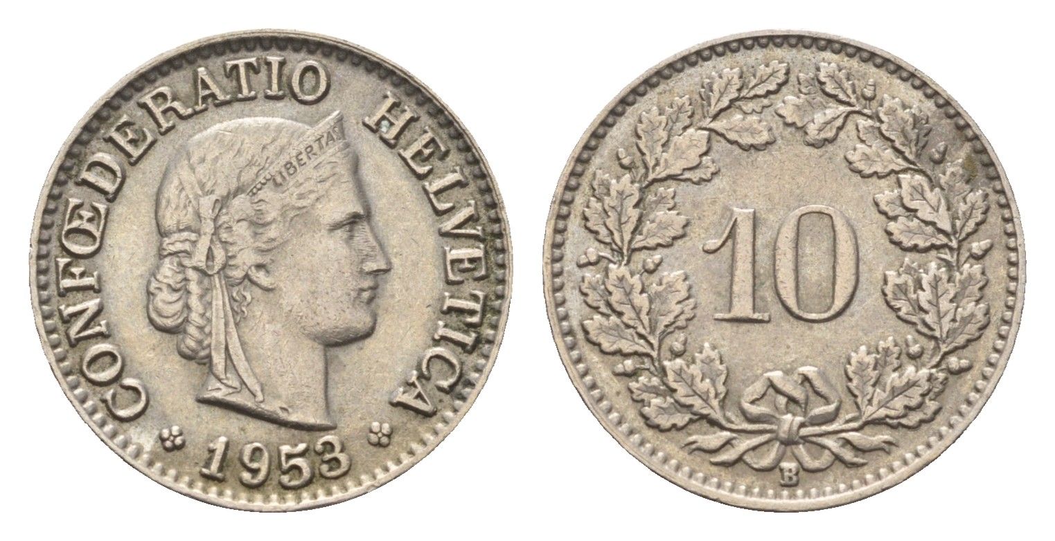 Швейцария 10 раппенов 1953 KM 27 медно-никель 4685-245