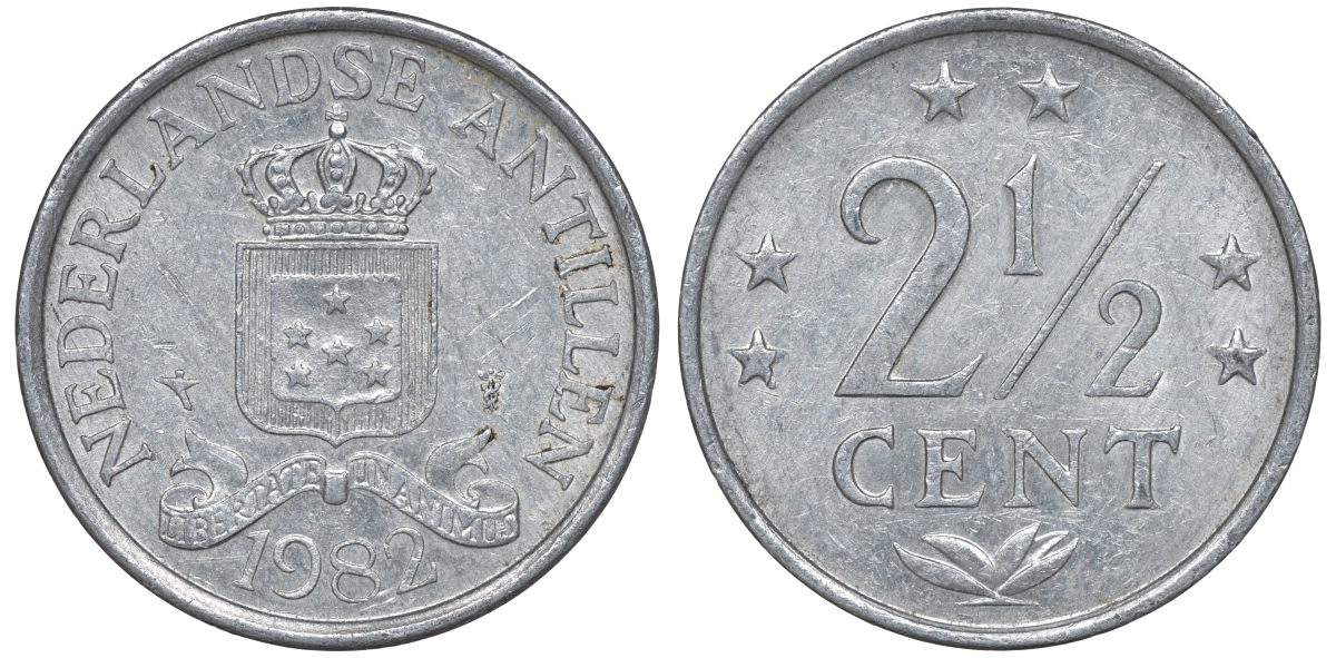 Нидерландские Антилы 2 1/2 цента 1982 Беатрикс (1980-2013) KM 9a алюминий 4610-825