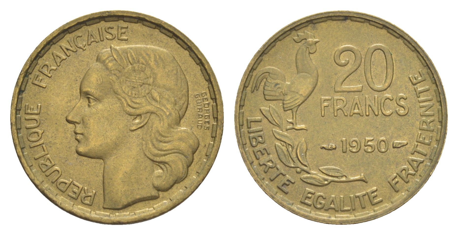 Франция 20 франков 1950 KM 916.1, Le Franc 401.2 алюминиевая бронза UNC 4641-1014