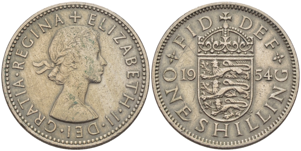 Великобритания 1 шиллинг 1954 Елизавета II (1952-2022), Английский герб KM 904, Spink 4147 медно-никель 67-834