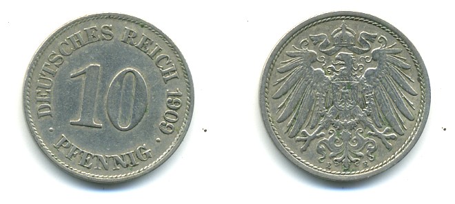 ГЕРМАНИЯ 10 ПФЕННИГОВ 1909 E KM 12, J. 13 медно-никель 4379-838