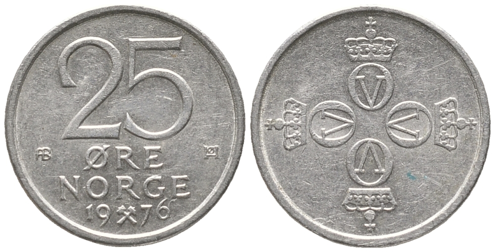 НОРВЕГИЯ 25 ЭРЕ 1976 УЛАФ V (1957-1991) KM 417 медно-никель 100-1163