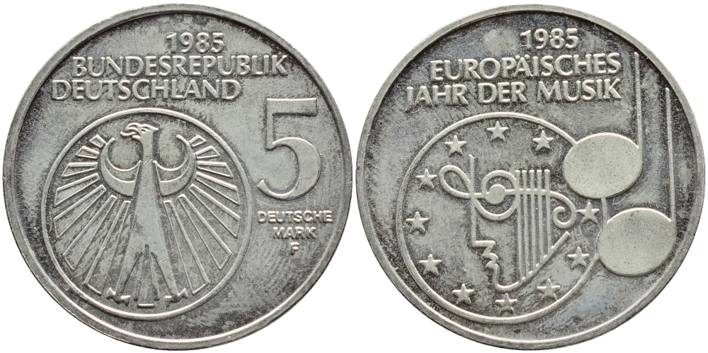 ФРГ 5 МАРОК 1985 F, ГОД МУЗЫКИ КМ 162, J.437 медно-никель плакированный никелем UNC 4394-136