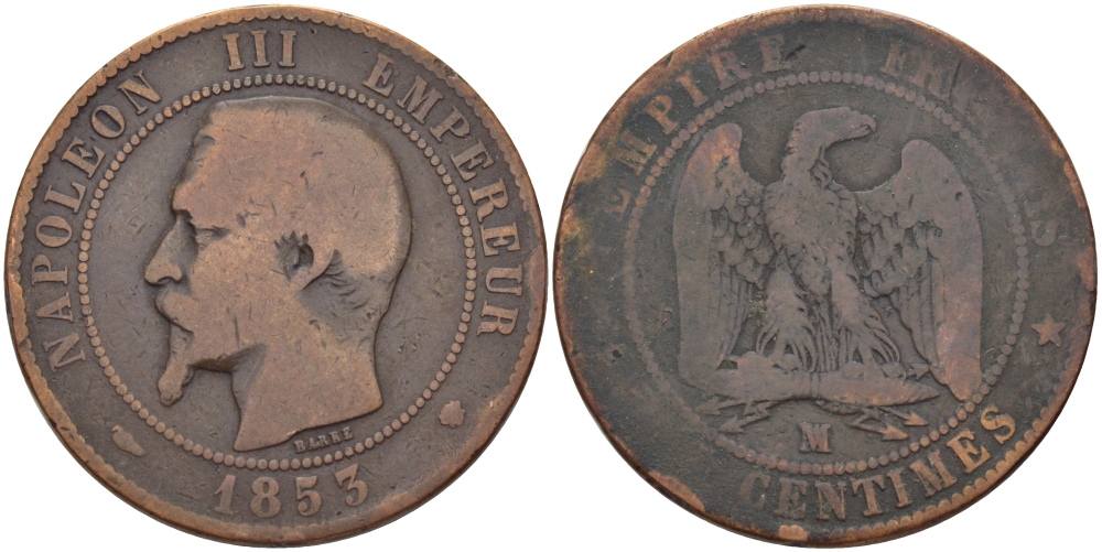 ФРАНЦИЯ 10 САНТИМОВ 1853 МА, НАПОЛЕОН III (1852-1870) KM 771.6 бронза 97-1242