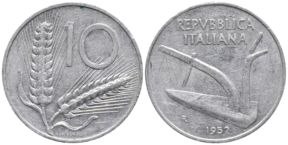 ИТАЛИЯ 10 ЛИР 1952 R, ПЛУГ KM 93 алюминий 34-1243