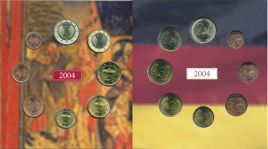 ФРГ набор из 3 евронаборов по 8 монет 2002-2004 Буква J, Гамбург, оригинальный официальный набор из трех евронаборов, в картонном буклете    UNC  7-6-1-05