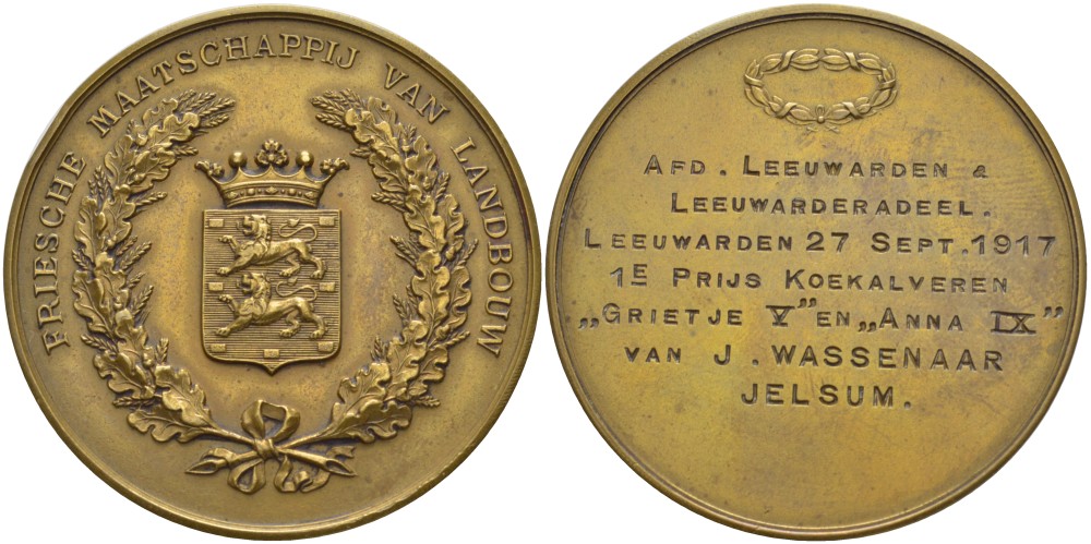 Нидерланды медаль 1917 от фризского общества сельского хозяйства, первый приз, 27 сентября 1917 года, диаметр 48,5 мм.  жёлтый металл   00-00
