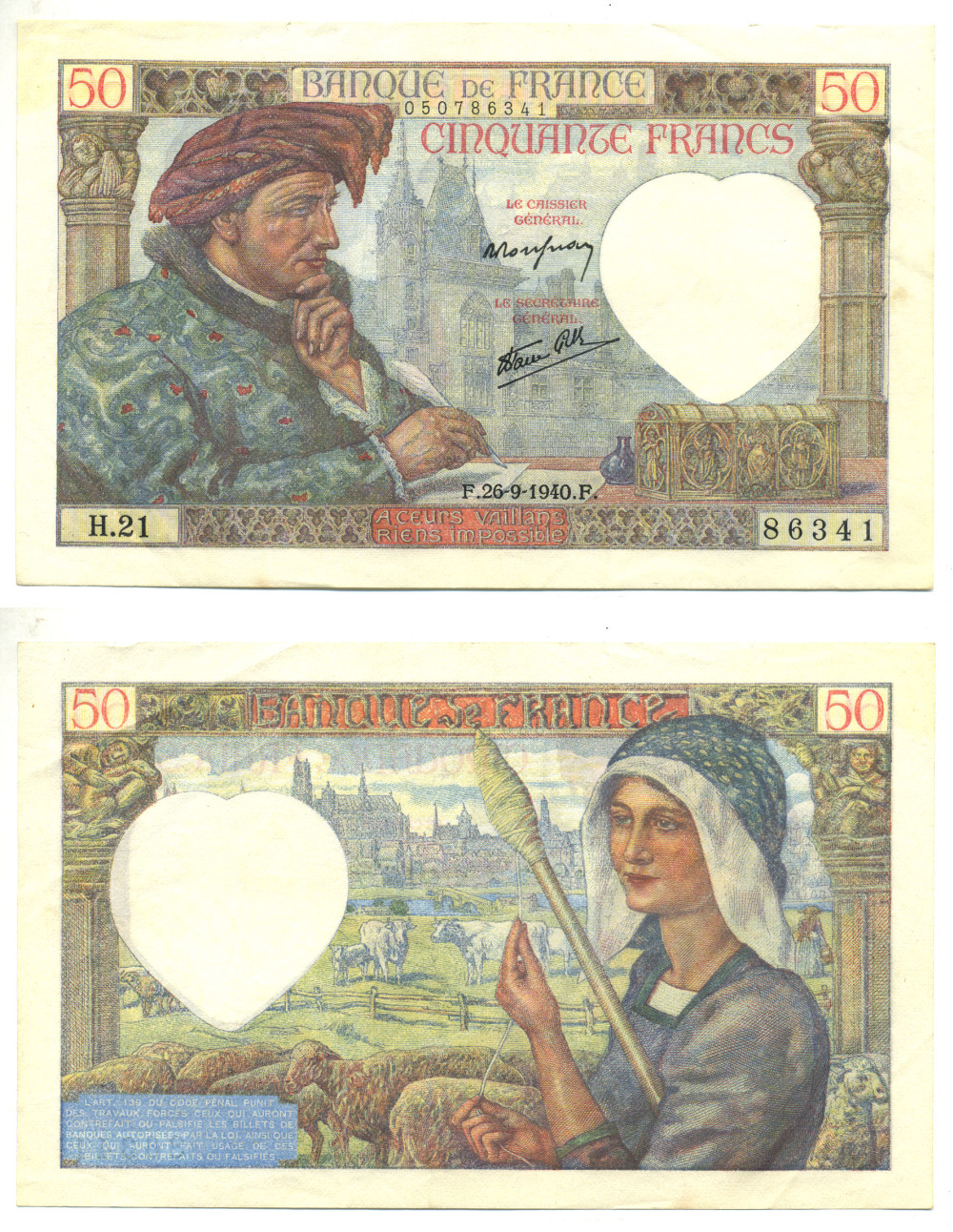 ФРАНЦИЯ 50 ФРАНКОВ 1940 26 СЕНТЯБРЯ 1940, ЖАК КЁР Pick 93 бумага 3295-25-1-1