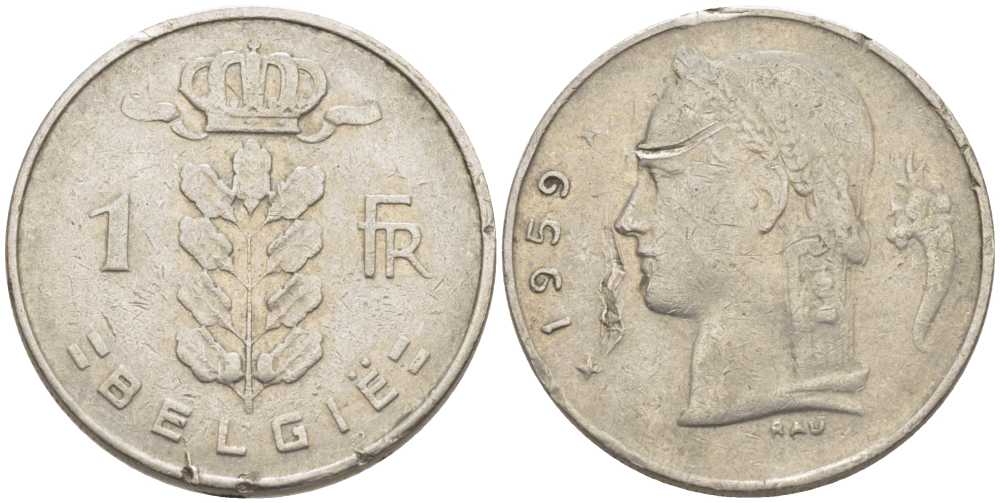 БЕЛЬГИЯ 1 ФРАНК 1959 BELGIE, БОДУЭН I (1951-1993) KM 143.1 медно-никель 119-547