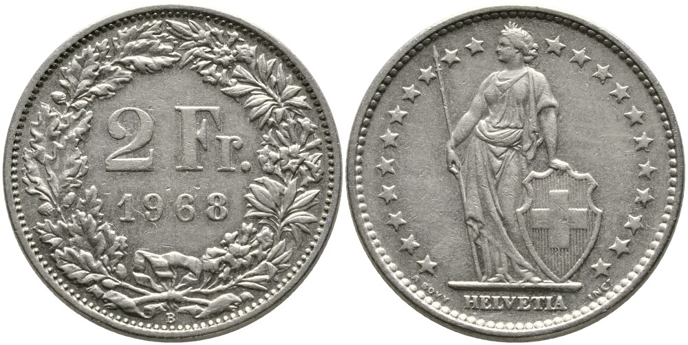 ШВЕЙЦАРИЯ 2 ФРАНКА 1968 В KM 21а.1 медно-никель 4538-131