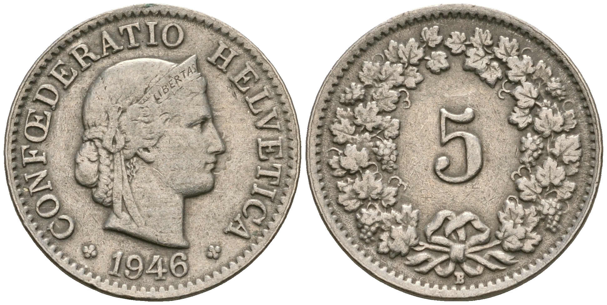 Швейцария 5 раппенов 1946 В KM 26 медно-никель 4608-1041