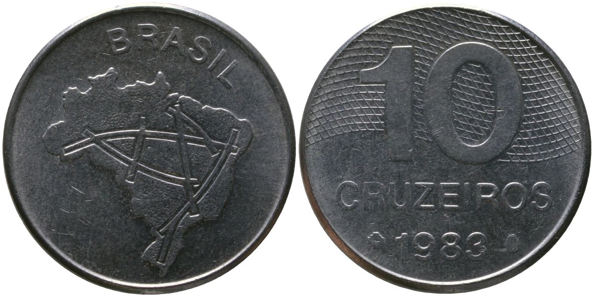Бразилия 10 крузейро 1983 KM 592.1, Schon 101 нержавеющая сталь 4514-1213