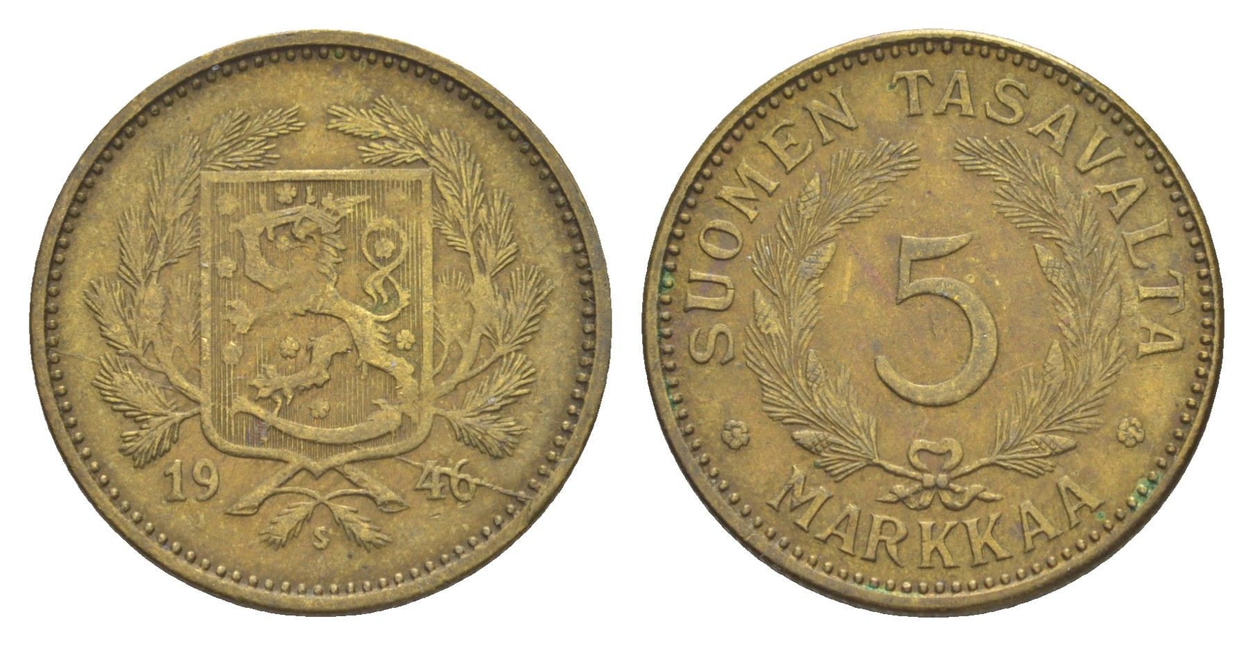 Финляндия 5 марок 1946 KM 31a латунь 4648-622