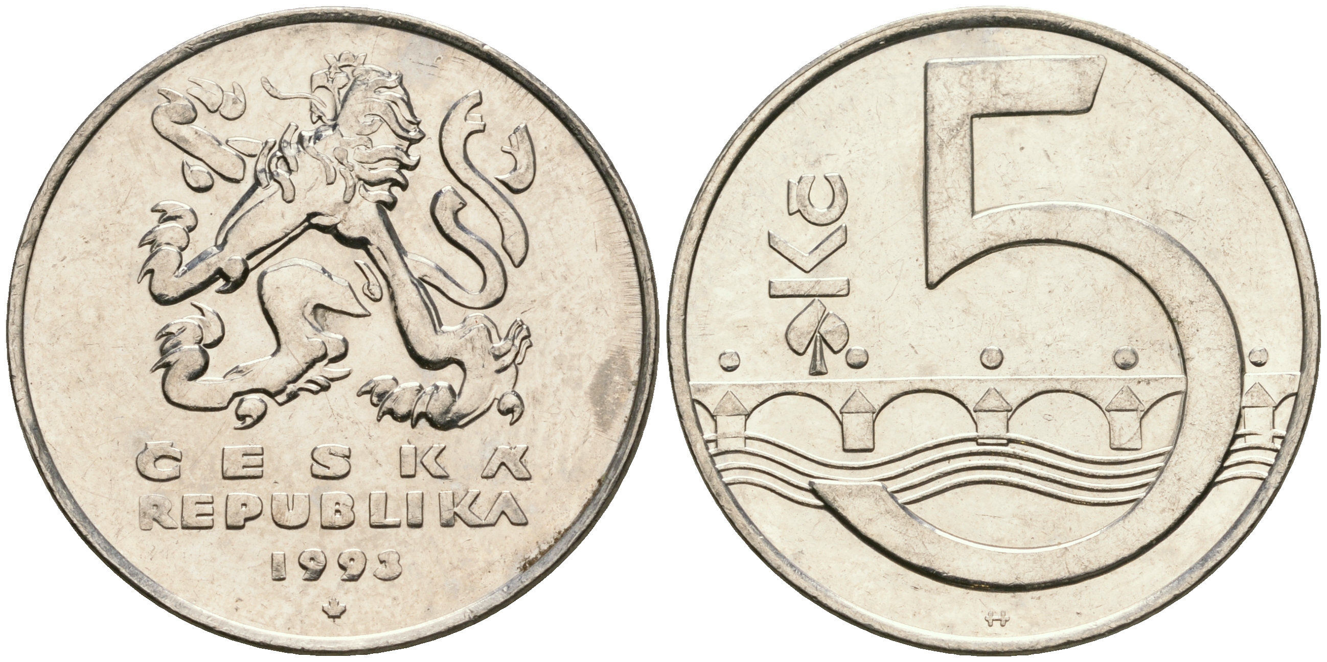 Чехия 5 крон 1993 чешский лев, Карлов мост KM 8 сталь плакированная никелем 08-911