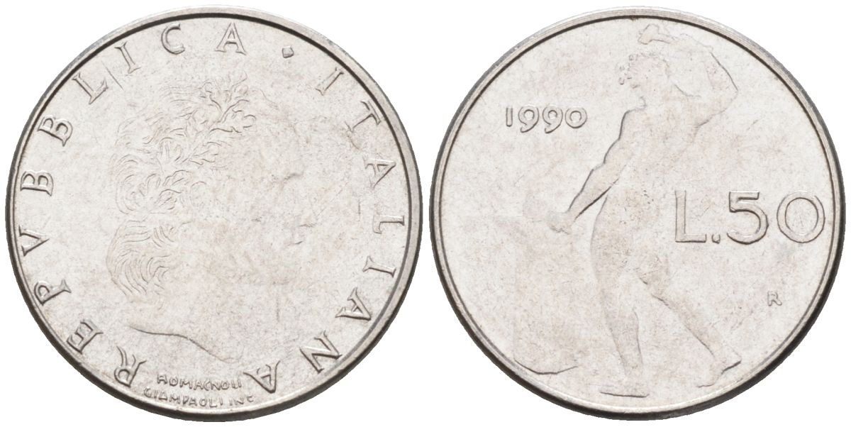 Италия 50 лир 1990 R, бог огня Вулкан у наковальни KM 95.2 нержавеющая сталь 4549-647