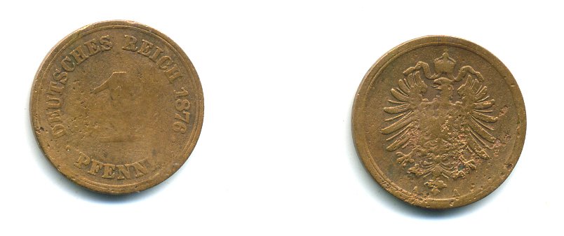 ГЕРМАНИЯ 1 ПФЕННИГ 1876 A, СТАРОГЕРБОВКА KM 1, J. 1 медь 23-643