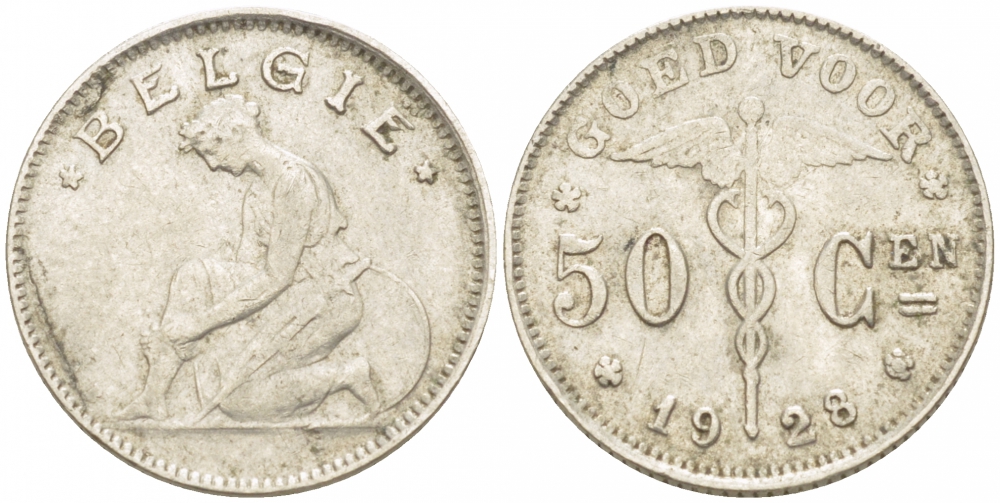 БЕЛЬГИЯ 50 САНТИМОВ 1928 BELGIE KM 88 никель 261-1168