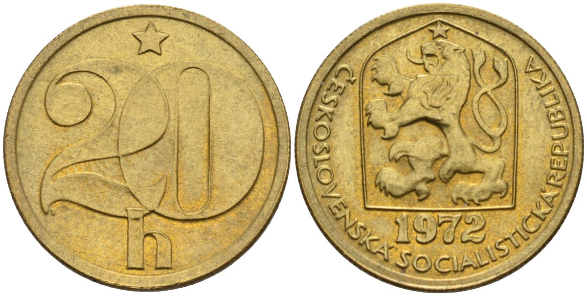 Чехословакия 20 геллеров 1972 KM 74 латунь 4152-831