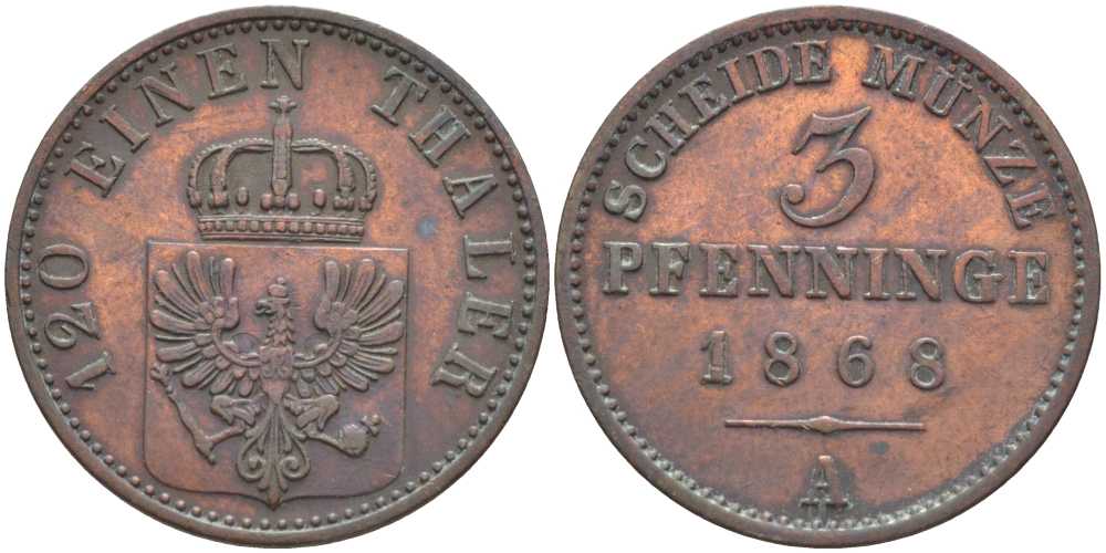 ПРУССИЯ 3 ПФЕННИГА 1868 А, ВИЛЬГЕЛЬМ I (1861-1888) KM 482 медь 117-1123
