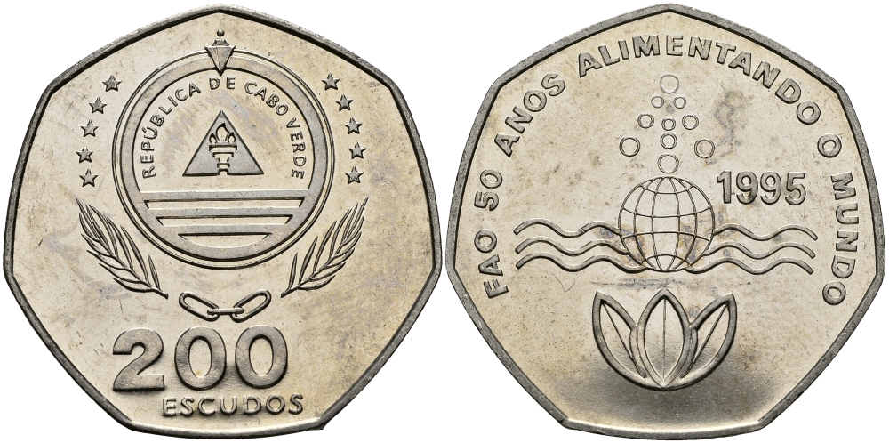 Кабо-Верде 200 эскудо 1995 50 лет FAO KM 34 медно-никель UNC 3333-935