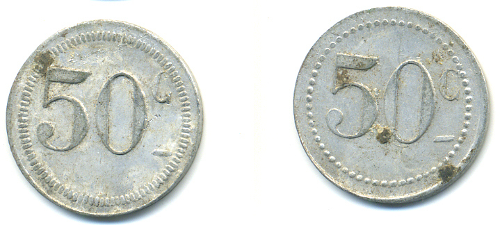 ФРАНЦИЯ 50 САНТИМОВ НАЧАЛО XX ВЕКА d 24 мм, вес около 1,0 гр., платежный жетон алюминий 89-924