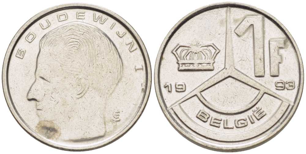 БЕЛЬГИЯ 1 ФРАНК 1993 BELGIE, БОДУЭН I (1951-1993) KM 171 железо плакированное никелем 206-229