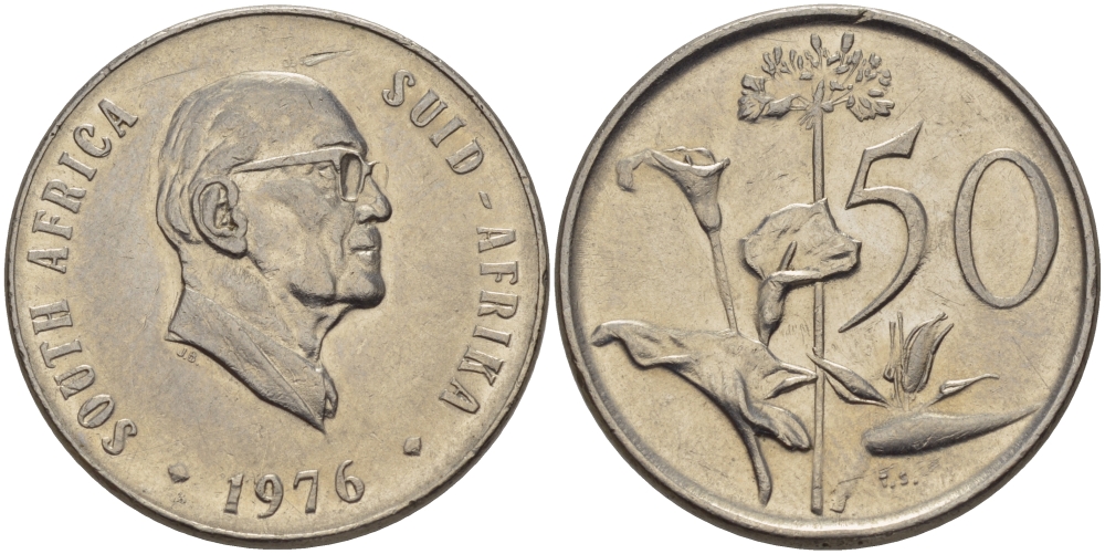ЮАР 50 центов 1976 Якобус Йоханнес Фуше, Зантедеския (калла) KM 96 никель 32-1124