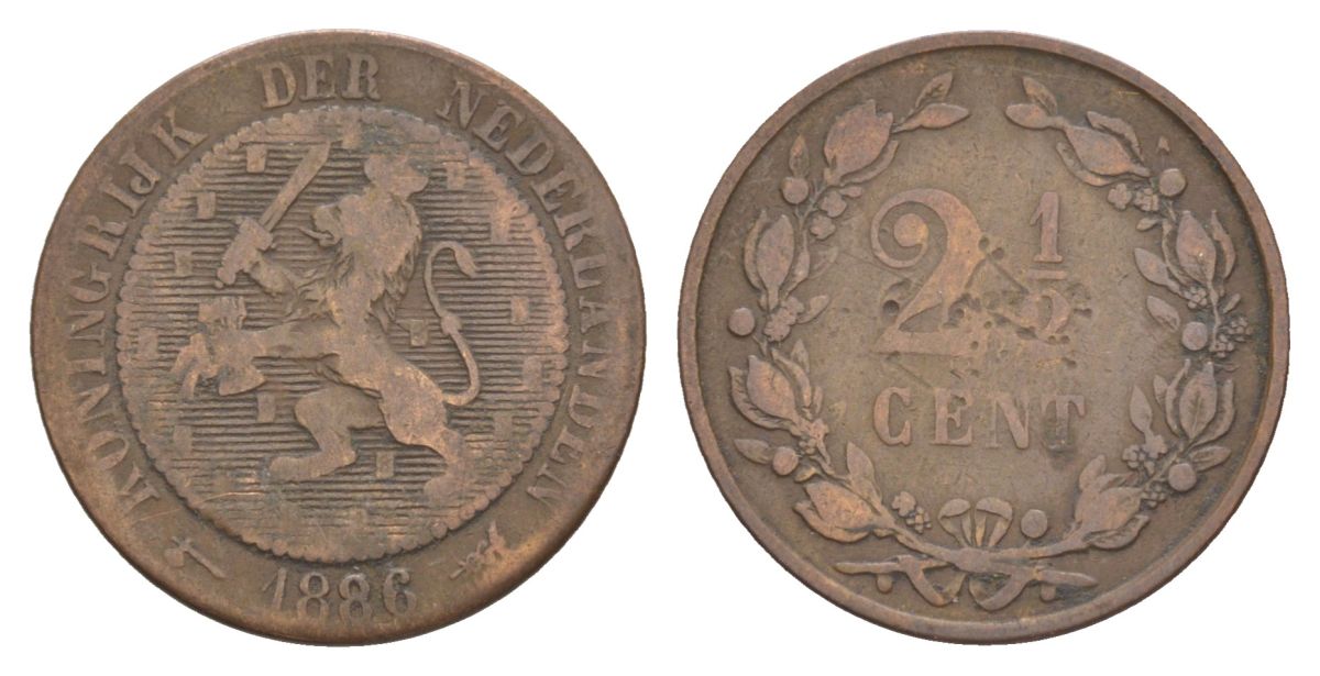 Нидерланды 2 1/2 цента 1886 Виллем III (1849-1890) KM 108 бронза 56-515